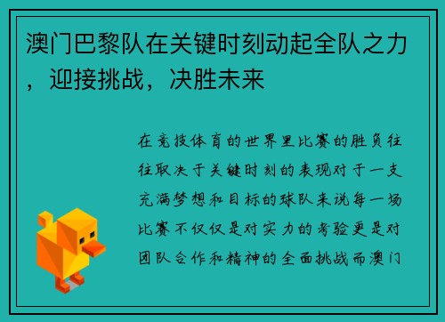 澳门巴黎队在关键时刻动起全队之力，迎接挑战，决胜未来