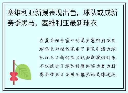 塞维利亚新援表现出色，球队或成新赛季黑马，塞维利亚最新球衣