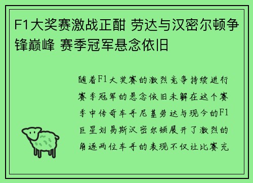 F1大奖赛激战正酣 劳达与汉密尔顿争锋巅峰 赛季冠军悬念依旧
