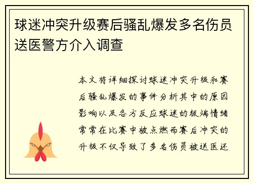 球迷冲突升级赛后骚乱爆发多名伤员送医警方介入调查