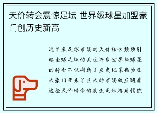天价转会震惊足坛 世界级球星加盟豪门创历史新高