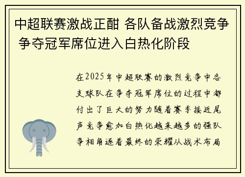 中超联赛激战正酣 各队备战激烈竞争 争夺冠军席位进入白热化阶段