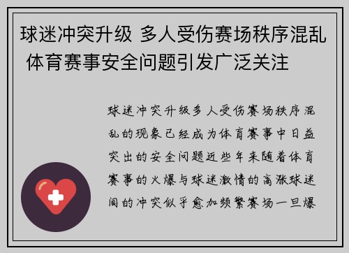 球迷冲突升级 多人受伤赛场秩序混乱 体育赛事安全问题引发广泛关注